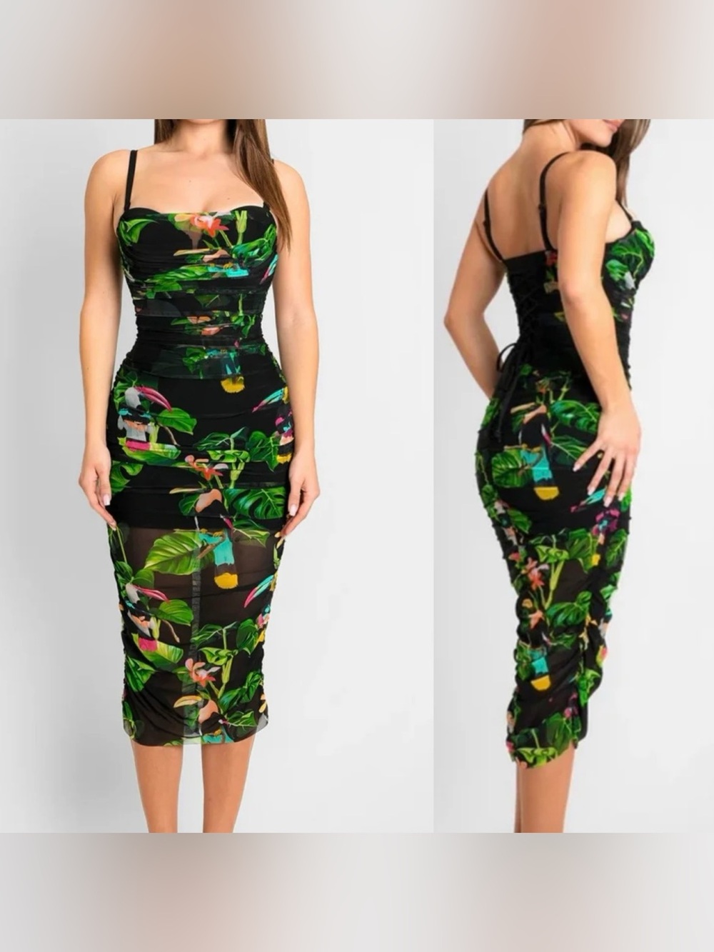 Ta3 Small Regular Torso Sweetie Mesh Column Dress - Tropical Toucan